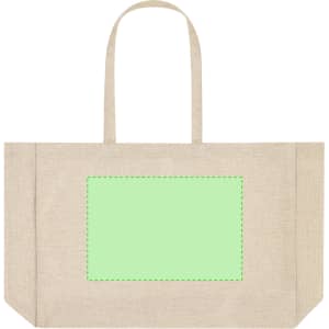 A large beige tote bag featuring a green area for custom design, equipped with two sturdy handles.