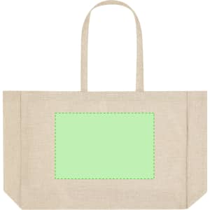 A large, beige tote bag with two handles and a green blank area for custom design.