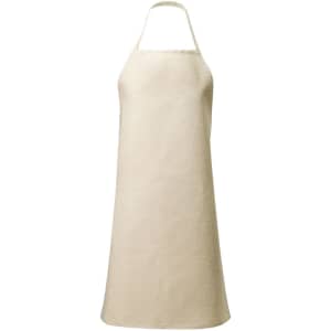 A plain beige apron with a halter neck design and a logo at the front. Ideal for workwear.