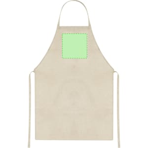 A beige apron with a green square patch on the front and ties on either side. It features a logo.