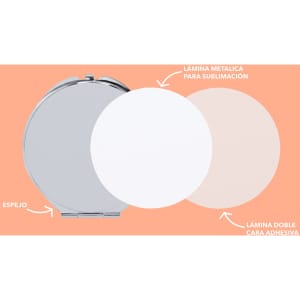 Ariela sublimation pocket mirror featuring a metallic surface, a white sublimation layer, and a double-sided adhesive layer.