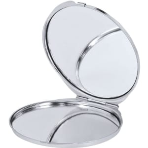 A silver pocket mirror with a shiny finish, opened to reveal two reflective surfaces.