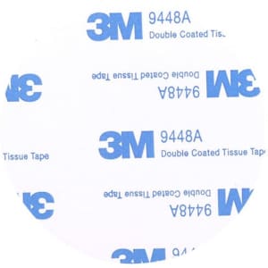 A circular piece of double-coated tissue tape with blue branding, featuring repeated text about its specifications.