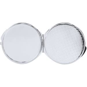 Ariela sublimation pocket mirror in silver, featuring a smooth side and a textured side, with a logo present.