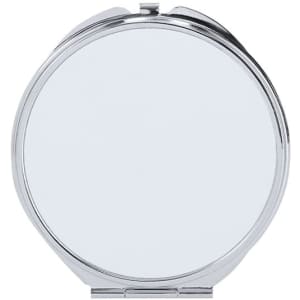 A circular pocket mirror with a shiny silver casing and a reflective surface. It features a logo on the back.