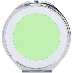 A circular pocket mirror with a shiny silver exterior and a light green inner frame.