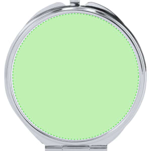 Ariela Sublimation Pocket Mirror in a round shape with a silver finish and a light green surface. Features a branding logo.