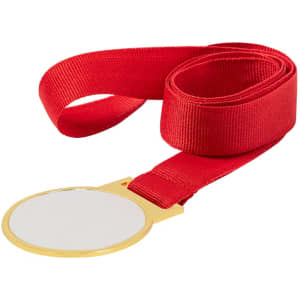A red ribbon medal with a gold holder and a blank circular section for personalisation.