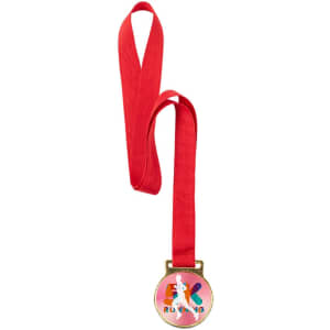 A gold medal with a colourful centre design, hanging from a red ribbon. Features a logo.