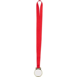 A gold medal with a blank centre, attached to a red ribbon for awards and events.