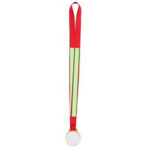 A gold medal with a blank centre, suspended from a red and green ribbon. It has a logo on the ribbon.