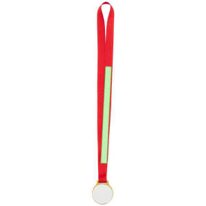 A gold medal with a blank centre, hung from a red and green ribbon.