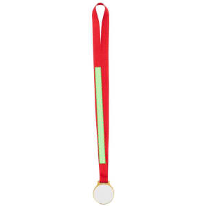 A gold medal with a blank centre, attached to a red and green ribbon.