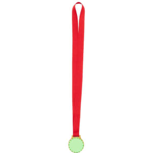 A red ribbon medal with a round green centre, suitable for awards and events.