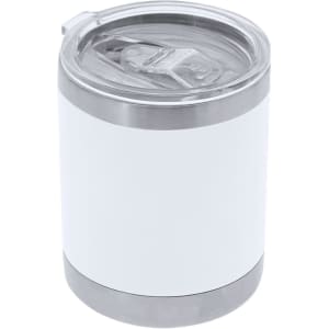 A drink bottle featuring a stainless steel base with a white insulated body and a transparent lid.