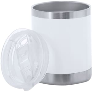 A drink bottle with a white body and stainless steel base, featuring a clear lid. It has a logo on the side.