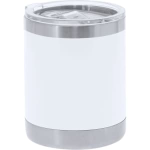 A drink bottle in white with a stainless steel base and a clear lid, featuring a branding logo.