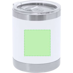 An insulated travel mug with a stainless steel base and a white body, featuring a green design area and a clear lid.