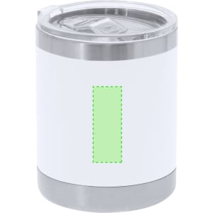 A drink bottle featuring a silver base and a white body, with a transparent lid and an area for custom designs.