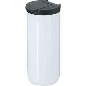 A drink bottle featuring a sleek white design with a black lid and a logo. Ideal for travel use.