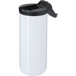 A travel mug featuring a sleek white body and a black flip-top lid, with a logo on the side.
