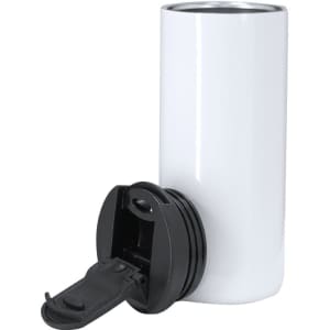 A drink bottle featuring a sleek white finish with a black lid and spout. It includes a logo on the side.