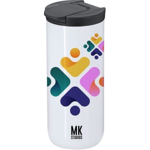 A travel mug in white with a black lid and a colourful abstract design, featuring a logo.