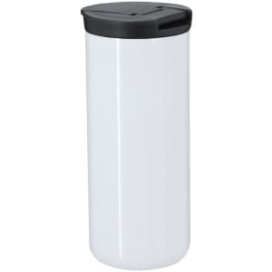 A drink bottle with a sleek white body and black lid, featuring a logo on the side.