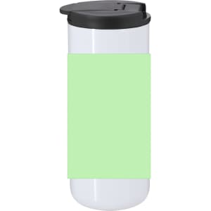 A drink bottle featuring a white body with a mint green sleeve and a black lid. It includes a logo.