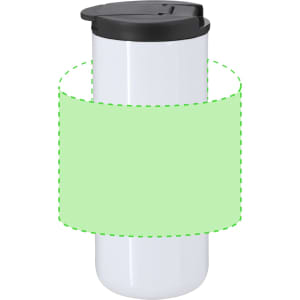 A drink bottle in white with a black lid, featuring a logo and a blank area for custom designs.
