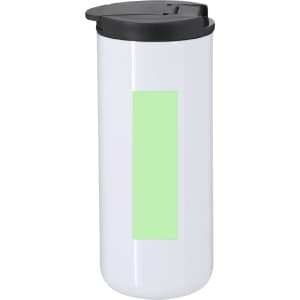 A travel mug featuring a white body with a black lid and a rectangular green section for customization.