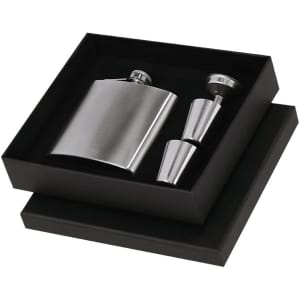 A drink bottle set featuring a stainless steel hip flask and two shot glasses in a black gift box.