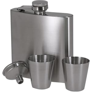 A drink bottle with a sleek stainless steel finish, accompanied by two matching cups. It has a lid and a logo.