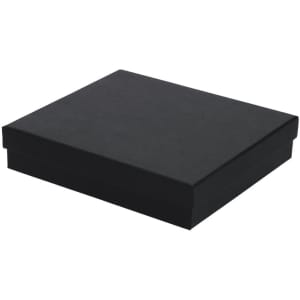 A black, rectangular gift box with a hinged lid, designed for packaging and presenting items.