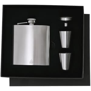 A drink bottle set featuring a silver stainless steel hip flask and two matching cups in a black box.