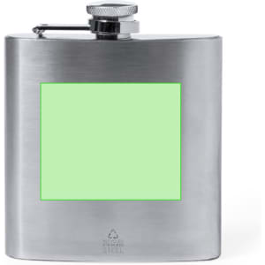 A drink bottle in a sleek stainless steel finish with a screw-top lid and a blank green area for customisation.