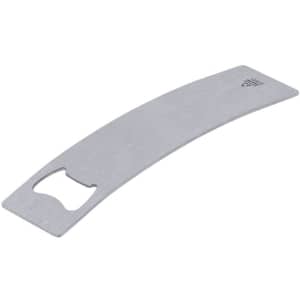 A drink bottle opener made of stainless steel with a curved design and a single bottle opening slot.