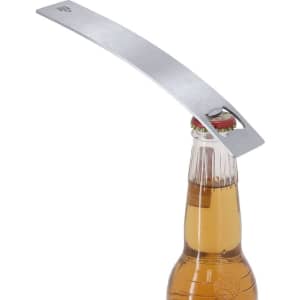 A drink bottle opener in silver metal, designed with a sleek, elongated shape and featuring a logo.