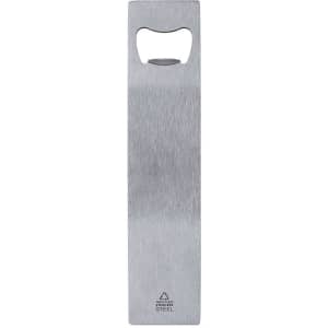 A drink bottle opener in stainless steel with a sleek, brushed finish and a hole for hanging.