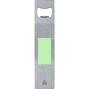 A drink bottle opener in stainless steel with a green area, featuring a logo.