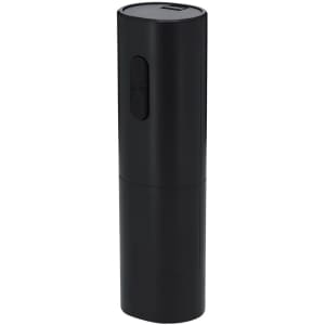 A sleek black electric corkscrew with a simple button interface and a modern cylindrical design.