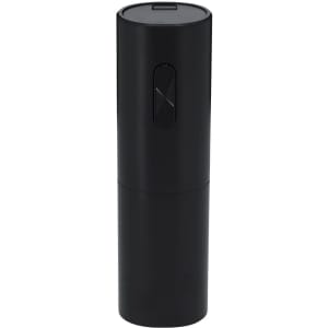 A black electric corkscrew with a sleek, cylindrical design and a button on the front.