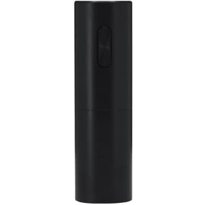 A sleek black electric corkscrew with a button on the front and a minimalist design. It has a logo on the surface.