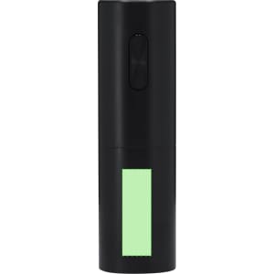 A black electric corkscrew with a green accent and a logo, designed for easy wine bottle opening.