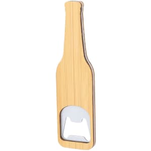 A drink bottle opener shaped like a bottle, made of bamboo with a silver metal opener. It features a logo.