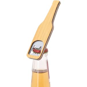 A drink bottle opener shaped like a bottle, crafted from bamboo, with a metal edge and a built-in opener.
