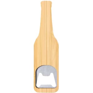 A drink bottle opener in the shape of a bottle, made from bamboo with a stainless steel opening section.