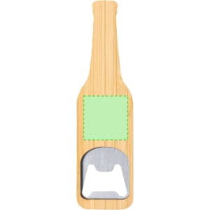 A drink bottle opener shaped like a bottle, featuring a bamboo body and silver metal opener. It has a blank area for branding.