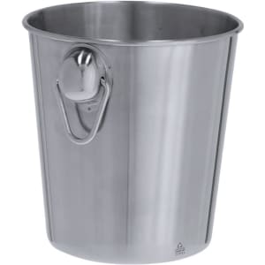 A stainless steel ice bucket with a sleek design and a metal handle. It has a smooth finish and a circular shape.