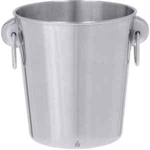 A stainless steel ice bucket with two handles, featuring a shiny finish and a simple design. It has a logo on the side.
